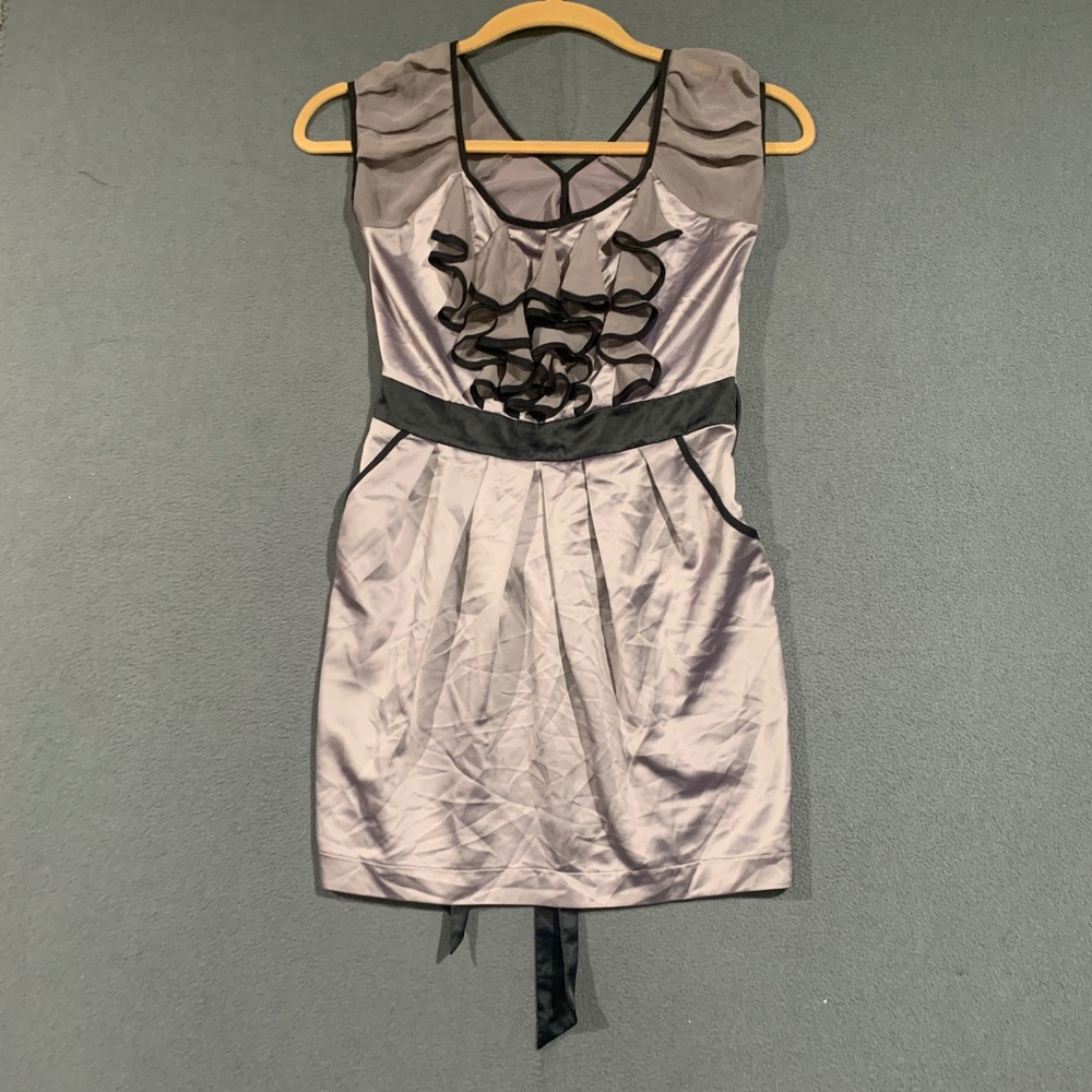 Lipsy Limited Silver Satin Ruffle Front Mini Dress Grey Black Trim Sash DR02348